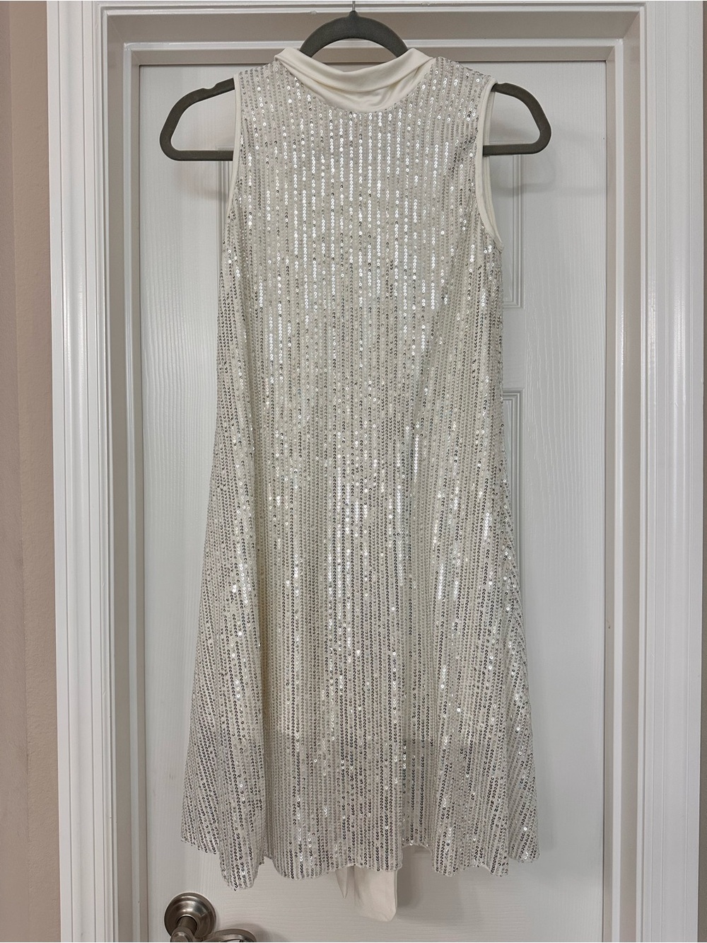 Sleeveless White Sequin Formal Dress with Mock Neck